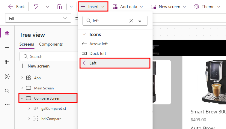 Screenshot showing the Insert dropdown menu and the Left icon selected.
