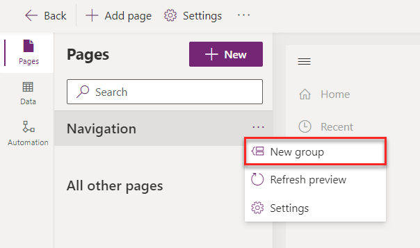Screenshot showing the New group option from the Navigation menu.
