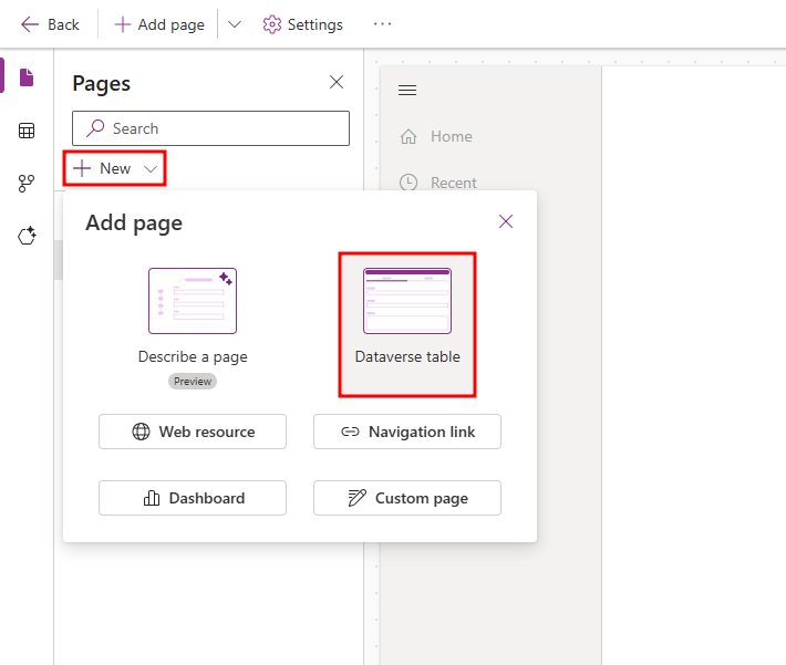 Screenshot showing Dataverse table option selected for the content.