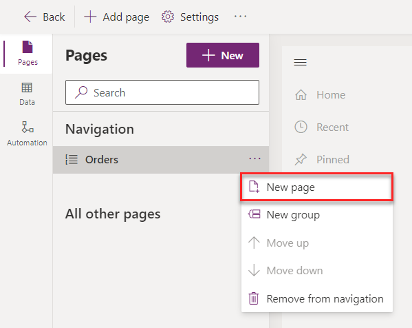 Screenshot of the New page option.