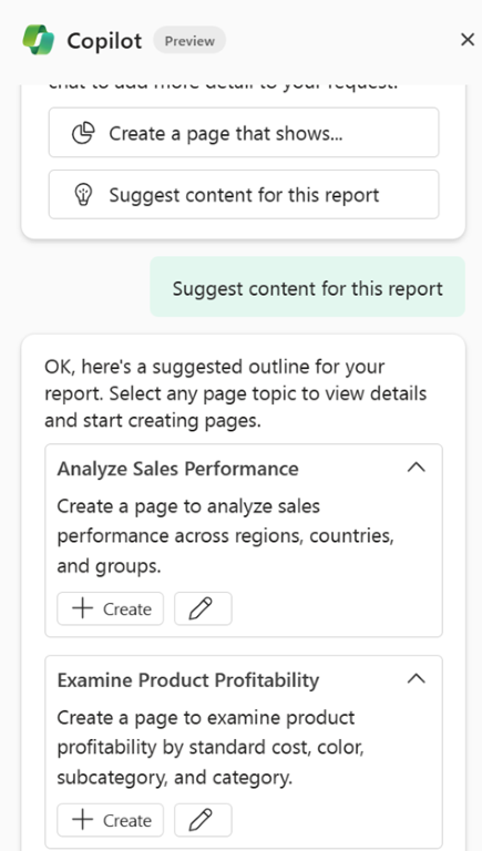 A screenshot of the Copilot pane with the default messages to Suggest content for this report already prompted with many different topic options.