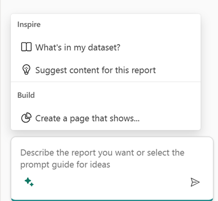 Screenshot of the Inspire dialog with What's in my semantic model displayed with Suggest content for this report and Create a page that shows... options.