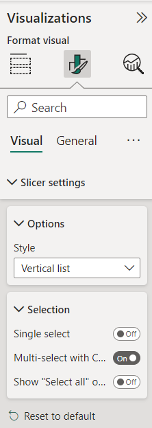 Screenshot of a slicer with the down-arrow icon selected and a context menu.