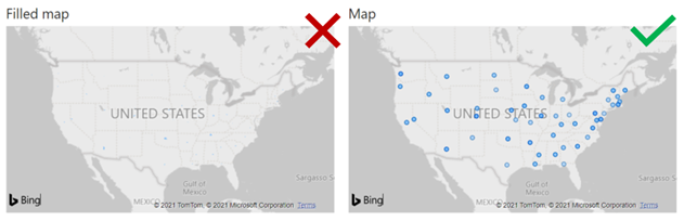 Image shows two map visuals. The first visual is a Filled map visual. The second visual is a Map visual, and it shows a bubble for each state.