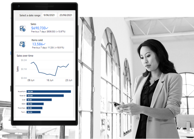 Image shows an example Power BI report on a mobile device and a photograph of an executive.