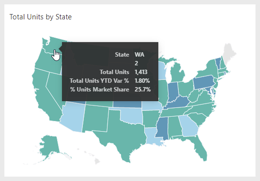 Screenshot that shows a dashboard tile that is a map of total units by state. The cursor is hovering over the state of Washington, and a tooltip is open.