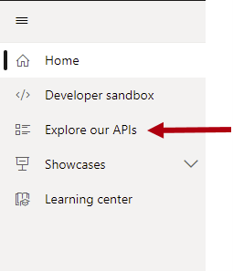 Screenshot that shows the left pane with the Explore our APIs option highlighted.