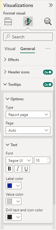 Screenshot shows Power BI basic formatting options for tooltips.