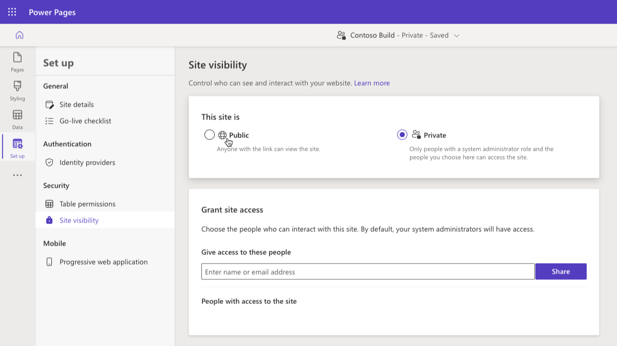 Screenshot of the Site visibility screen in Power Pages design studio.