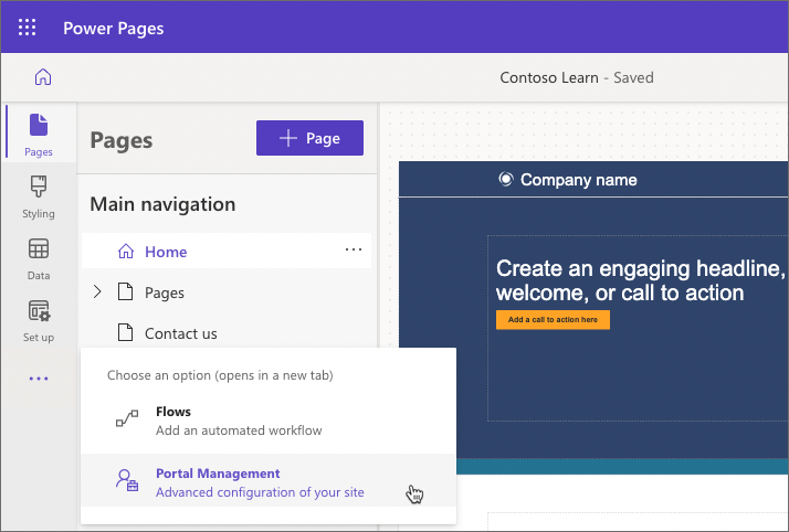 Screenshot of Portal Management access from Power Pages design studio.