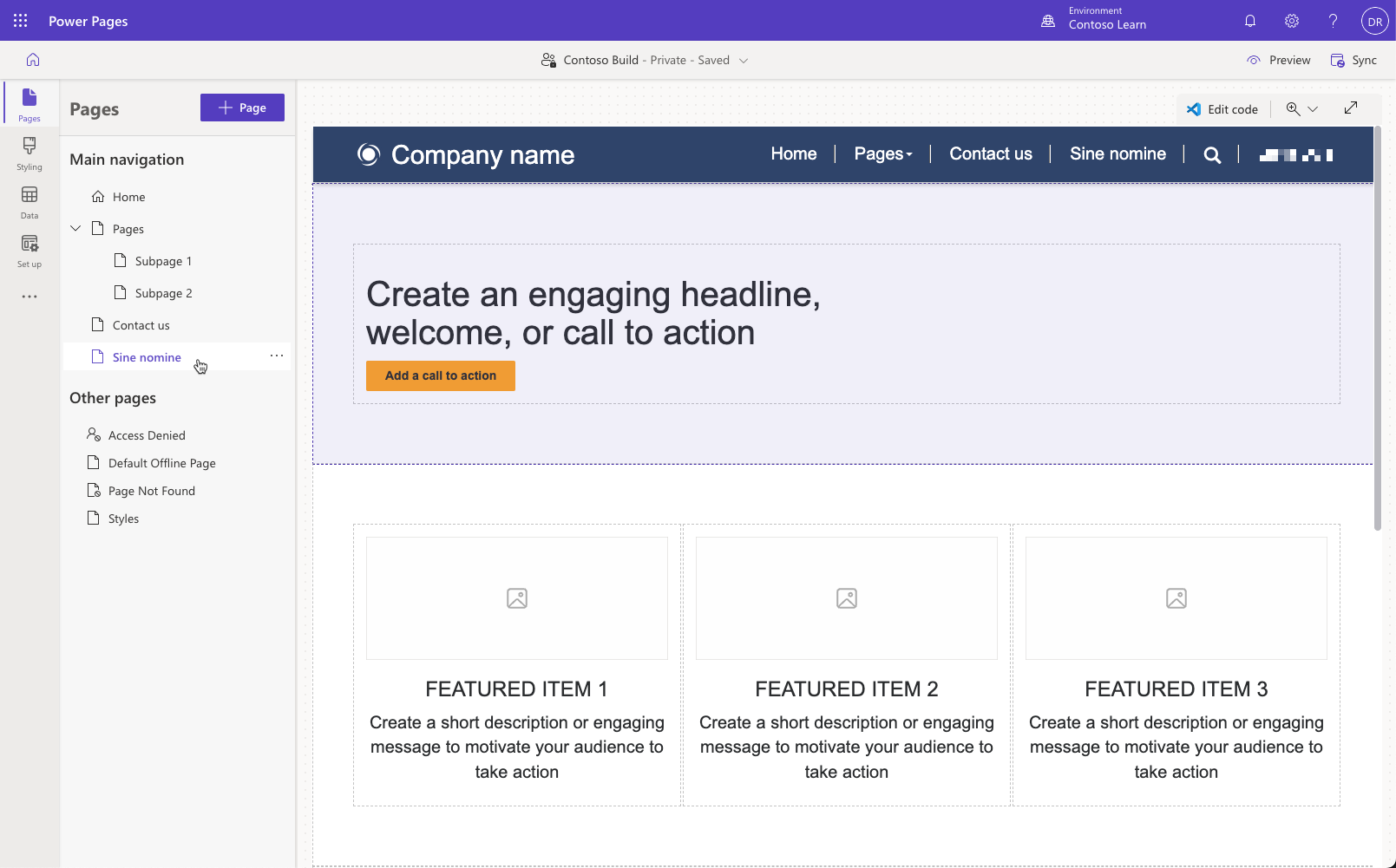 Screenshot of page created with the landing page layout.