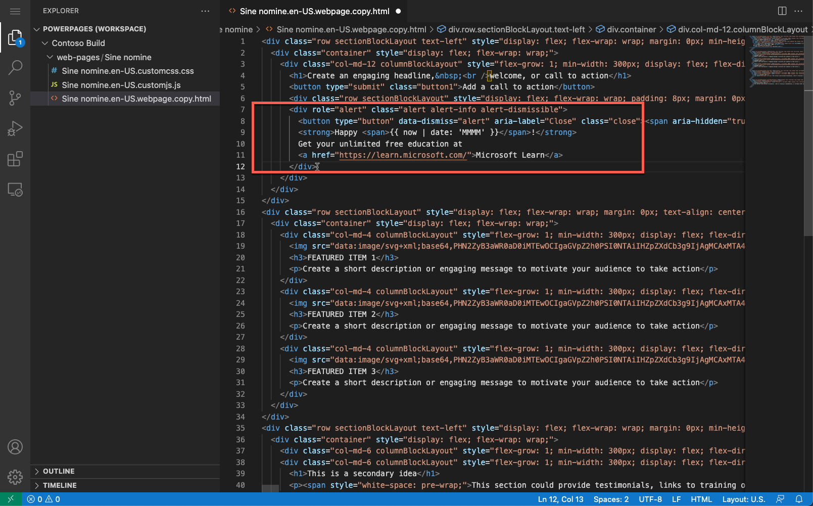 Screenshot of page content opened in Visual Studio Code for the Web editor with new content highlighted.