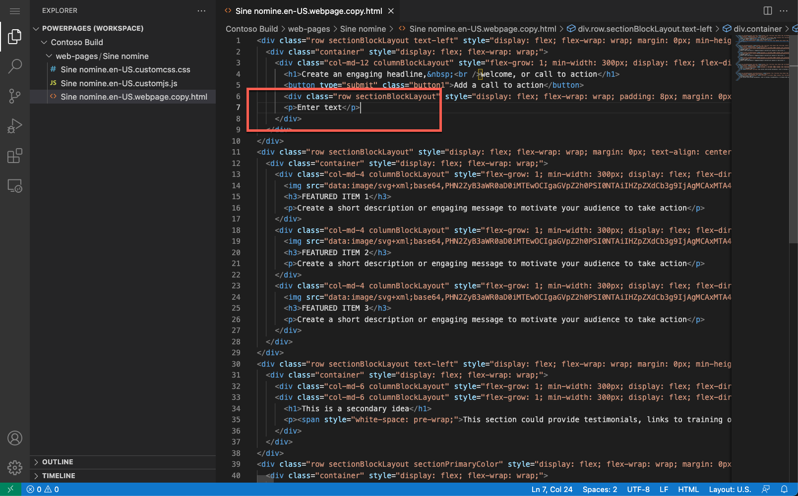 Screenshot of page content opened in Visual Studio Code for the Web editor with paragraph of text highlighted.