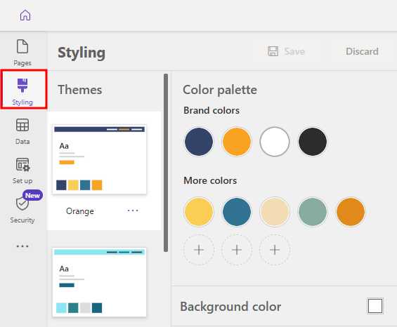 Screenshot of the Styling menu in Power Pages design studio.