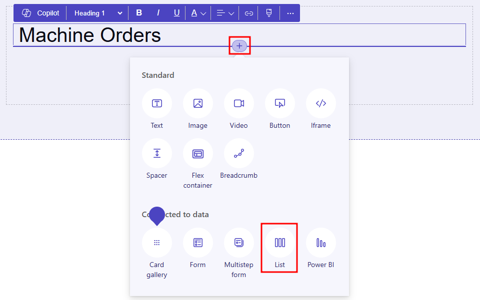 Screenshot of the component options, with the list option highlighted.