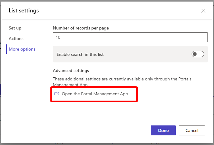 Screenshot of the More options view.