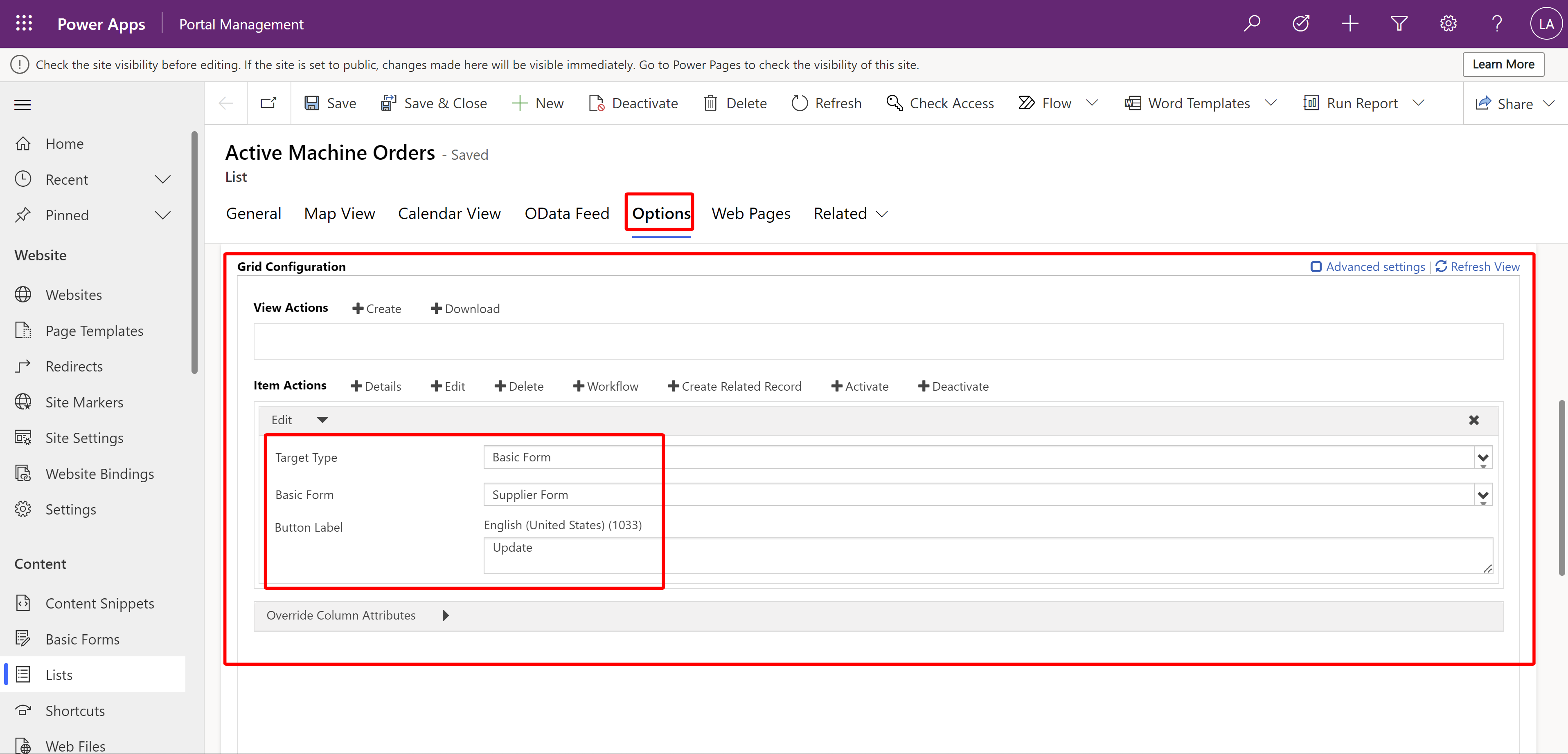 Screenshot of the Options tab, showing information added in the Edit section.