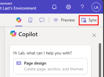 Screenshot of the sync button at the top right of the power page editor screen.