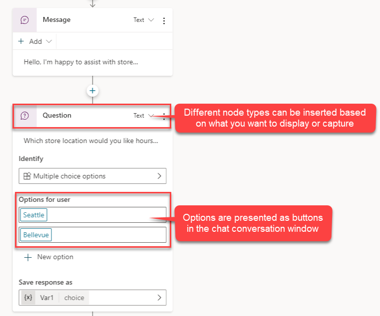 Screenshot of conversation nodes to define a path.