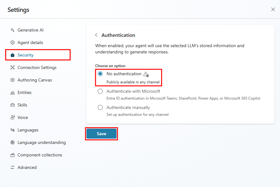 Screenshot of the authentication settings page highlighting the No authentication and Save options.