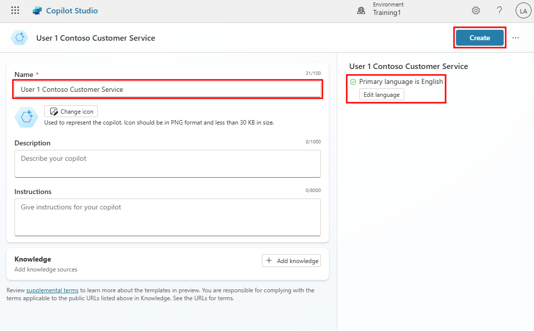 Screenshot of using the Create a Copilot wizard to design your first Copilot.