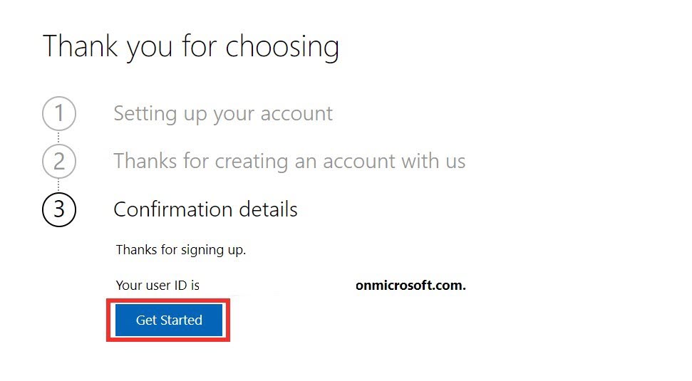 Screenshot of Confirmation details with focus on the Get started button.