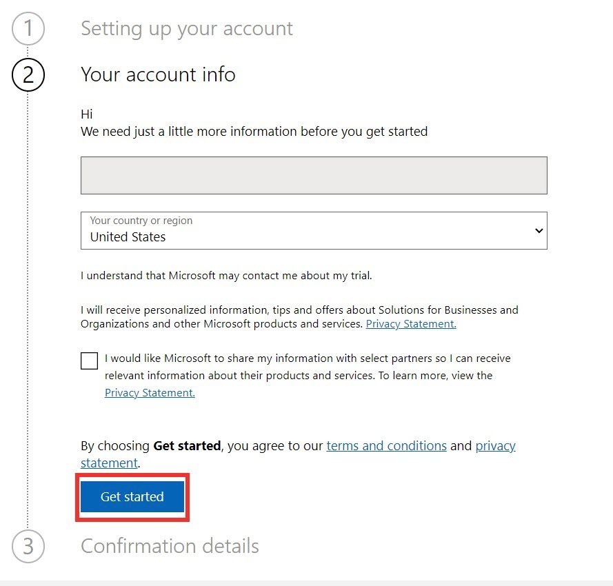 Screenshot of Your account info with focus on the Get started button.