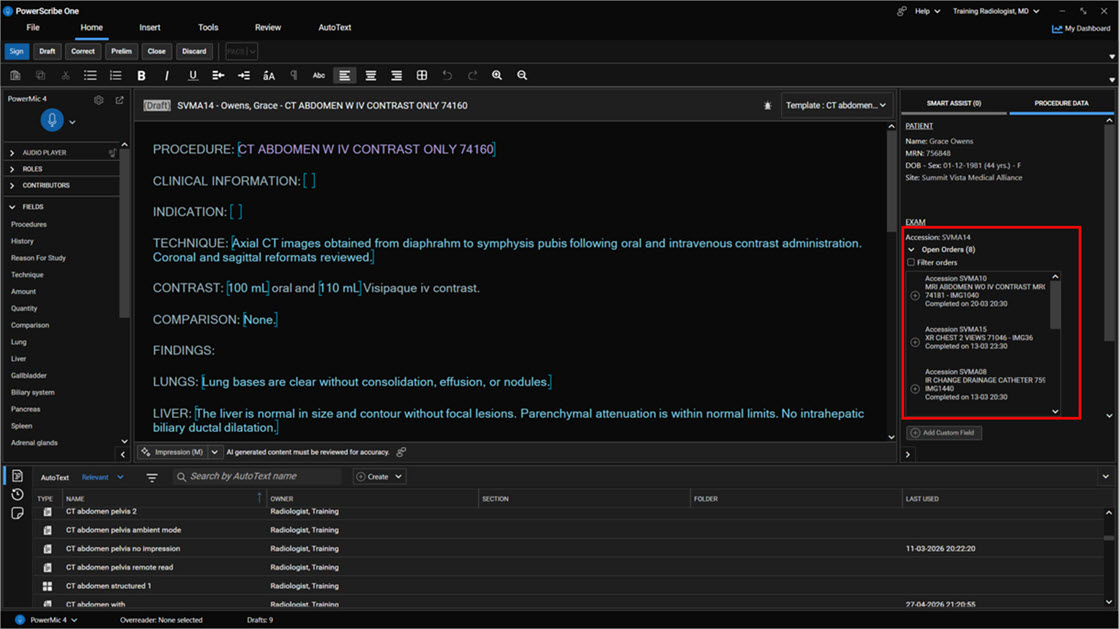 Screenshot that shows the Procedure Data pane with Open Orders and the Add (+) icon for associating an imaging order with the current report.