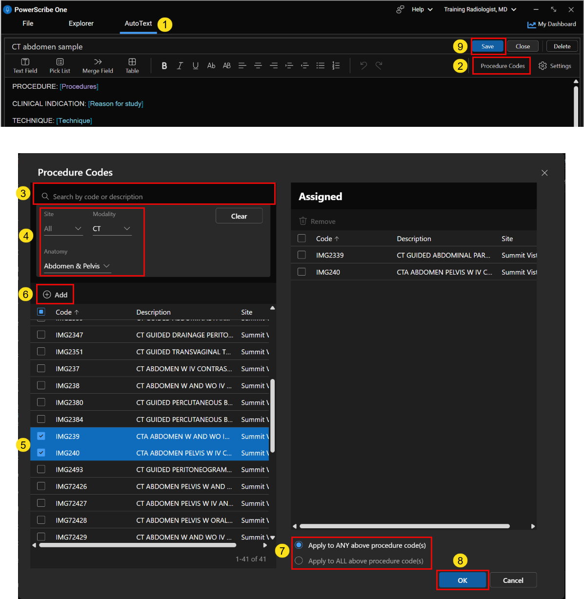 Screenshot of assigning procedure codes in the AutoText Editor.