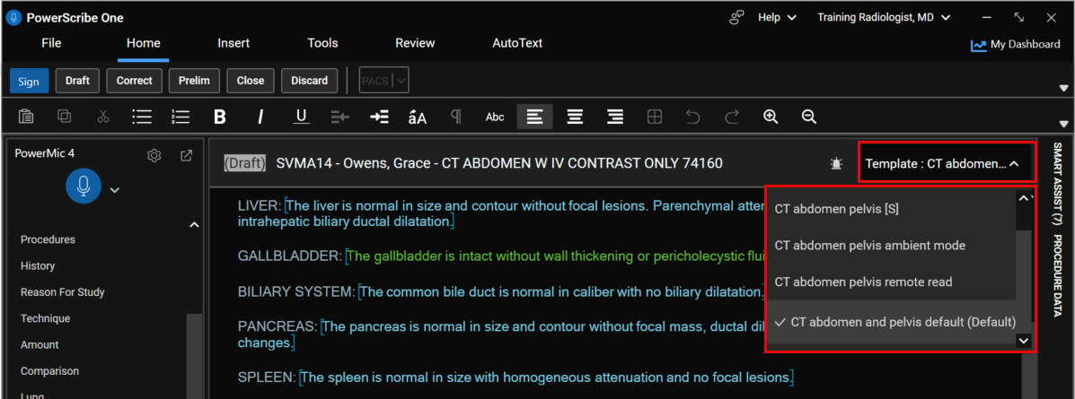 Screenshot of the PowerScribe One Report Editor showing the Default Template dropdown with the current template selected and other relevant templates listed for the current procedure.