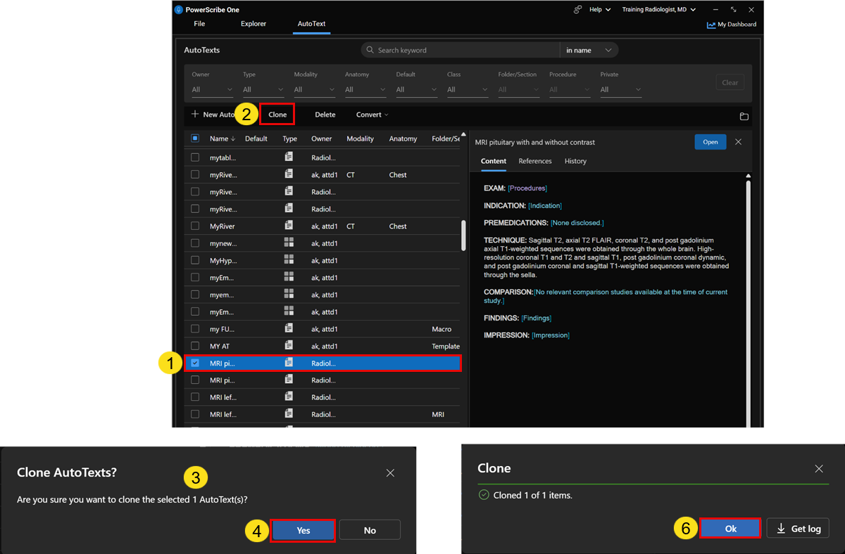 Screenshot of the steps to clone an AutoText in PowerScribe One.