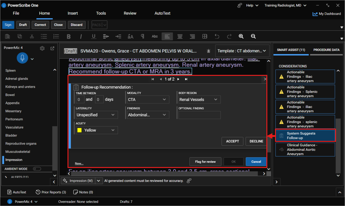 Screenshot of the Follow-up Recommendation dialog showing fields for time between, modality, body region, laterality, findings, and acuity, with Accept, Decline, and Flag for review actions, alongside Smart Assist considerations in the Report Editor.