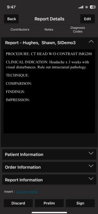 Screenshot of the Mobile Radiologist Report Details screen showing report sections and actions to Edit discard, prelim, or sign.