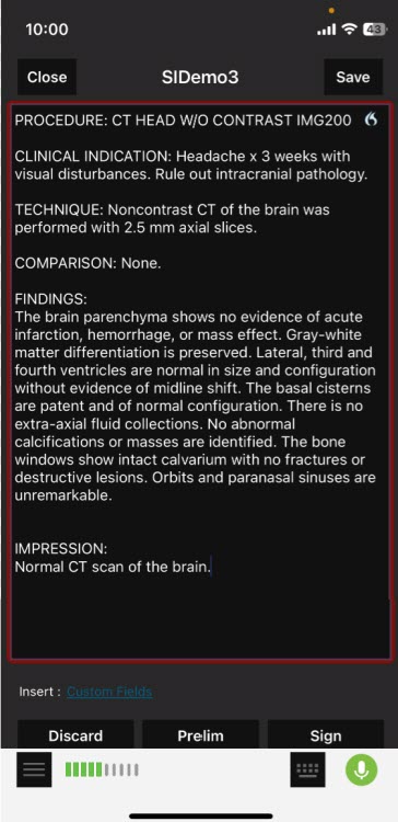 Screenshot of the Mobile Radiologist report editor showing clinical data sections, a microphone icon for dictation, and action buttons to edit, discard, mark prelim, or sign.
