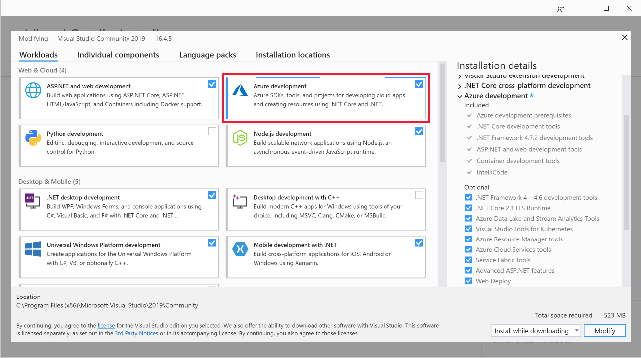 Screenshot of Visual Studio Installer Workloads with Azure development highlighted.