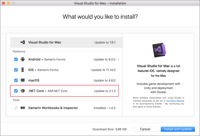 Screenshot of the Visual Studio for Mac installer with the selected .NET Core platform option highlighted.