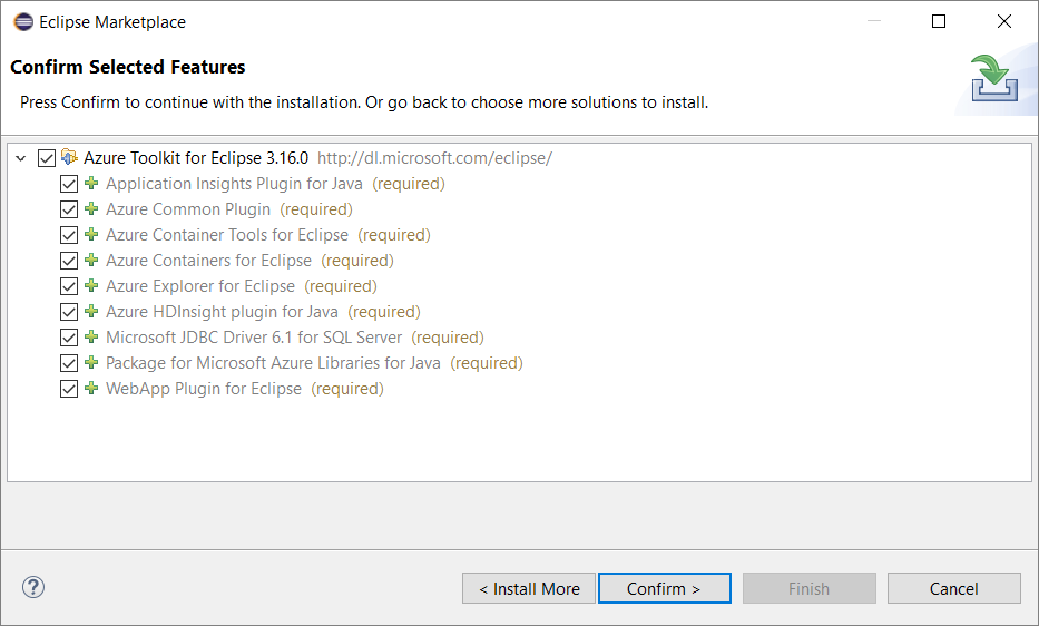 Screenshot of the feature confirmation dialog in Eclipse.