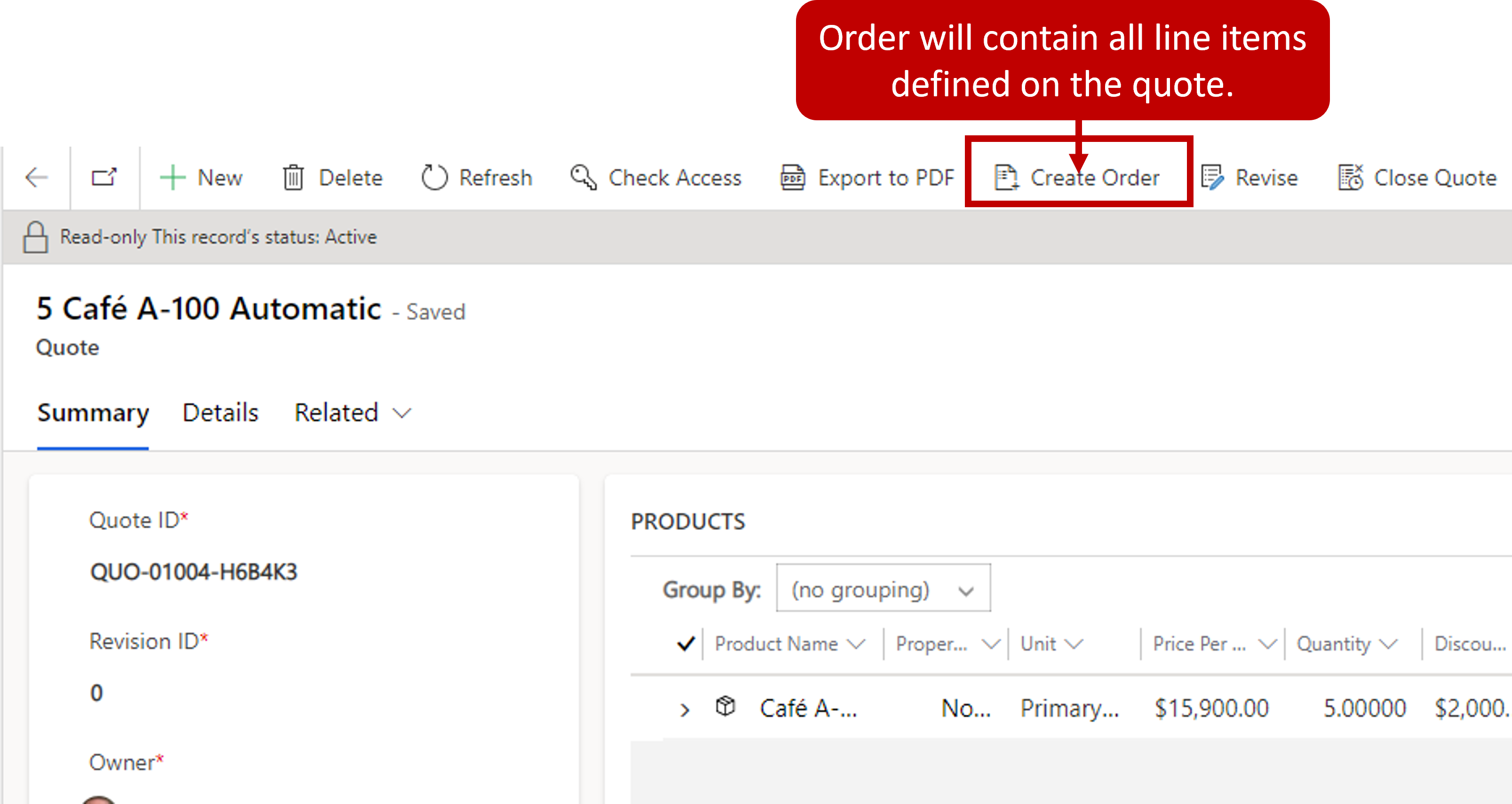 Screenshot of the create order button.