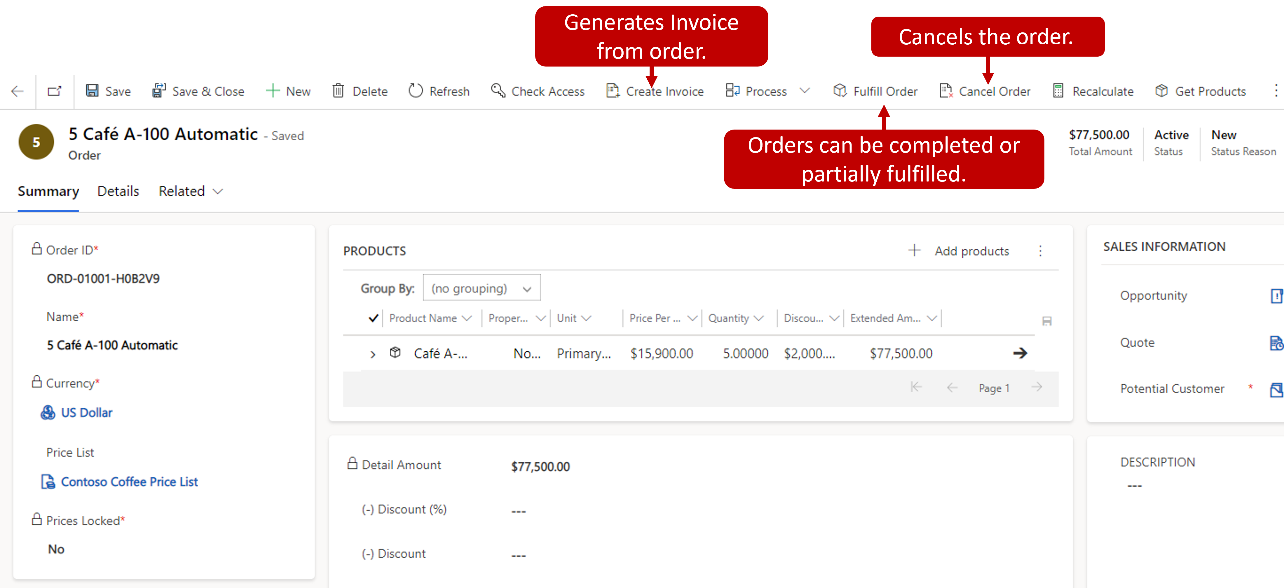 Screenshot of the order actions of create invoice, cancel order, and fulfill order.
