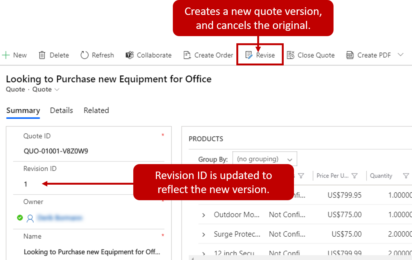 Revise creates a new quote version, and cancels the original. In the summary, the Revision ID is updated to reflect the new version.