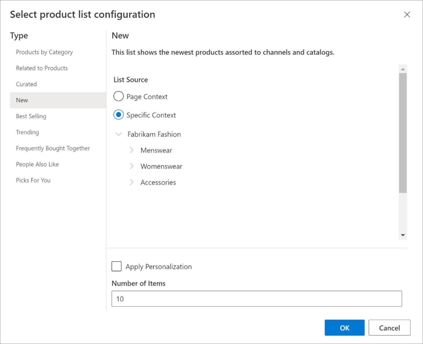 Screenshot of the Dynamics 365 Commerce Select product list configuration page.