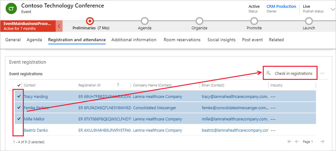 Screenshot of the Check in registrations feature.