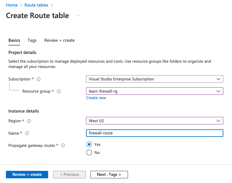 Screenshot that shows the information to include when creating a route table.