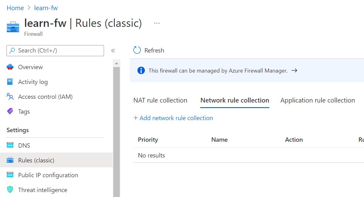 Screenshot that shows the network rule collection tab with the add network rule collection option.