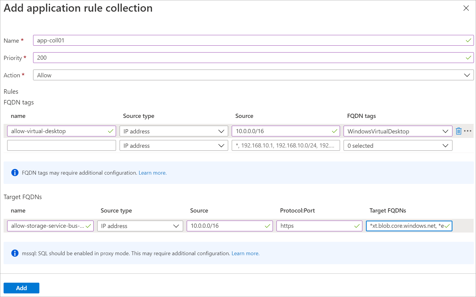 Screenshot that shows the application rule collection form filled out.