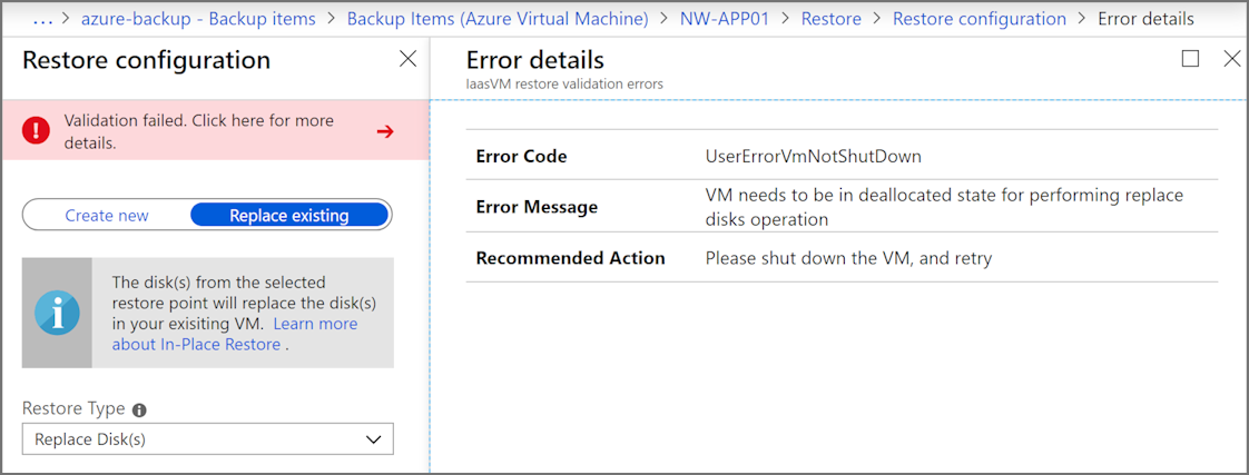 Screenshot that shows the error details when a VM is running.