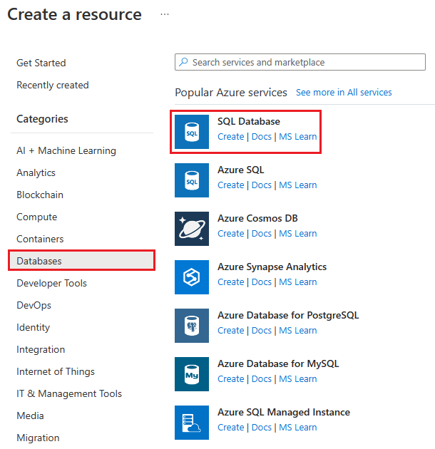 Screenshot showing Create a resource pane with Databases in menu and SQL Database resource service highlighted.
