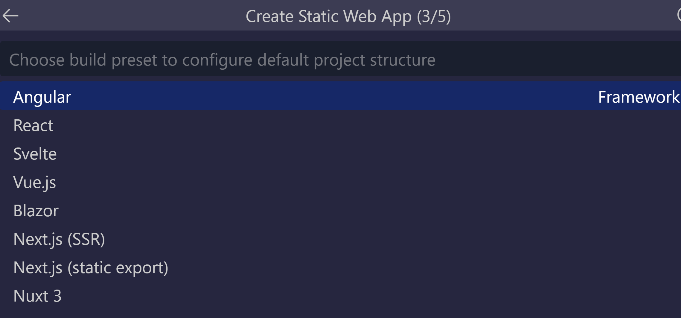 Screenshot showing the angular option selected.