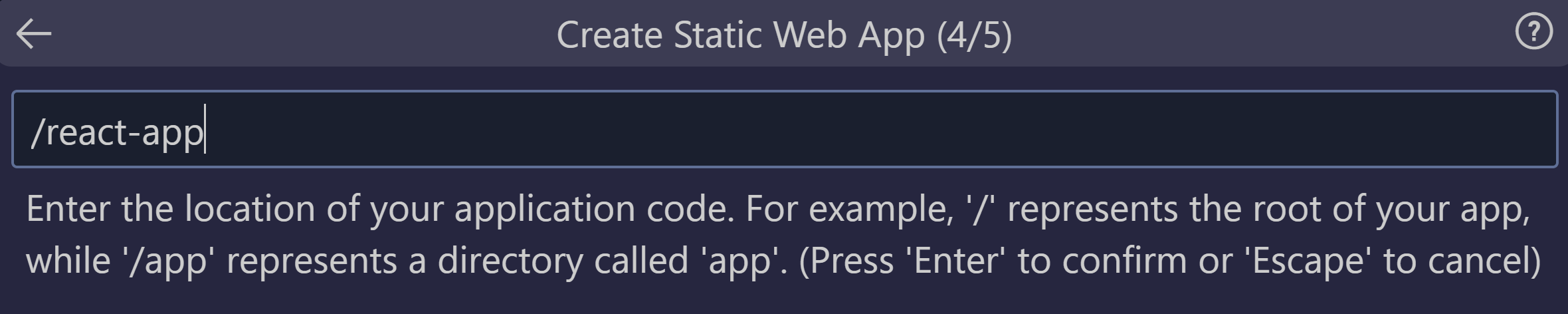 Screenshot showing the code location entered as react app.