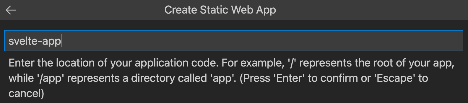 Screenshot showing the code location entered as Svelte app.